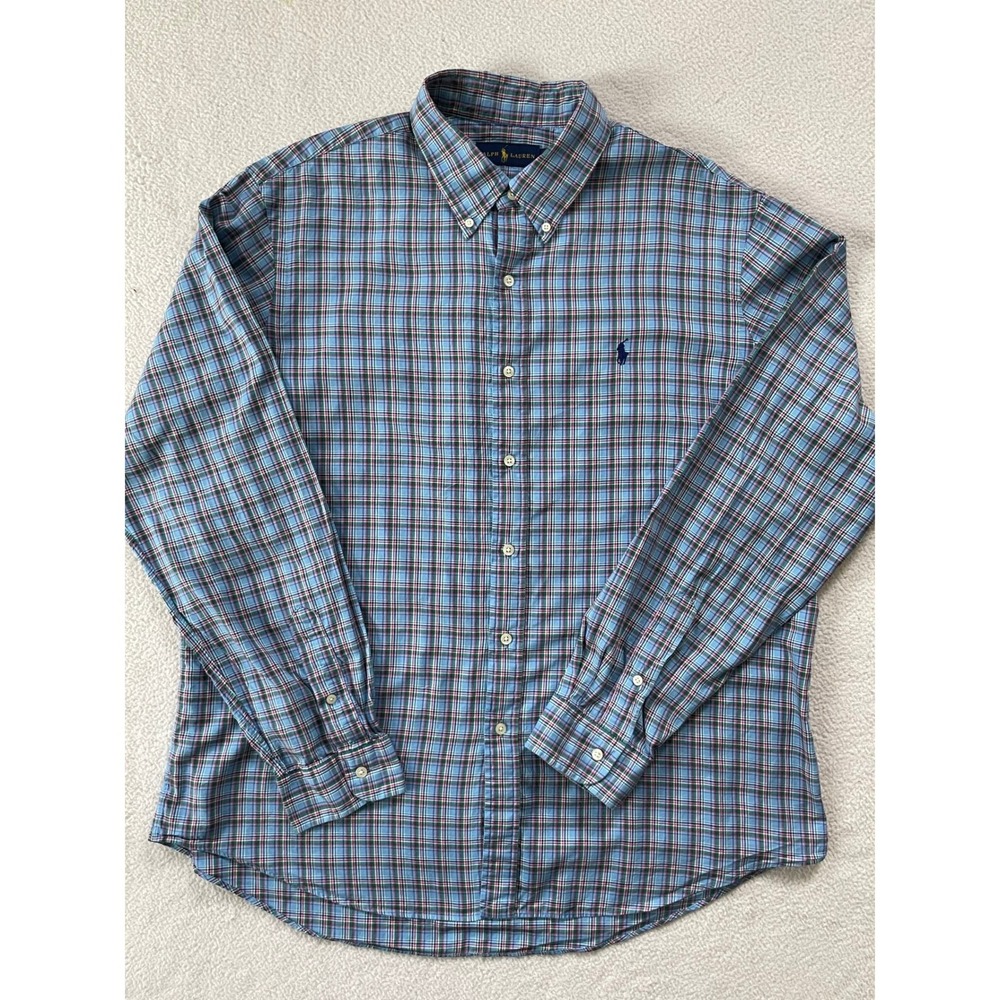Ralph Lauren Button Down Shirt Mens XL Blue Plaid Long Sleeve Blue‎ Pony Preppy